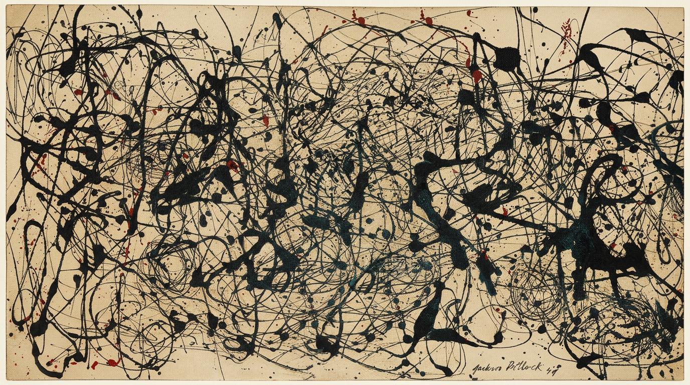 Pricing Culture Studio illustration of Jackson Pollock's Number 7A, 1948, shown as a full-canvas hero based on its Christie's auction lot photograph.