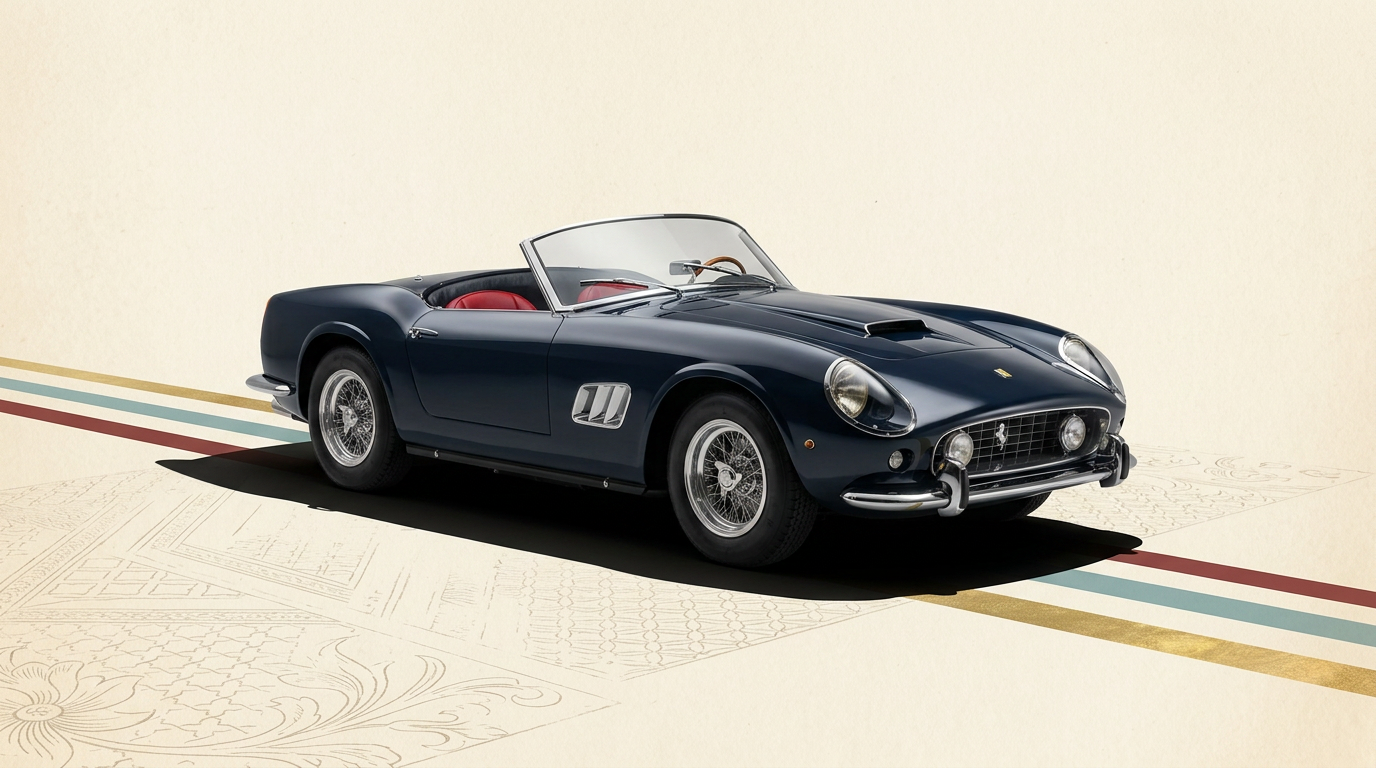 Pricing Culture Studio illustration of the 1961 Ferrari 250 GT SWB California Spider by Scaglietti, three-quarter front view.