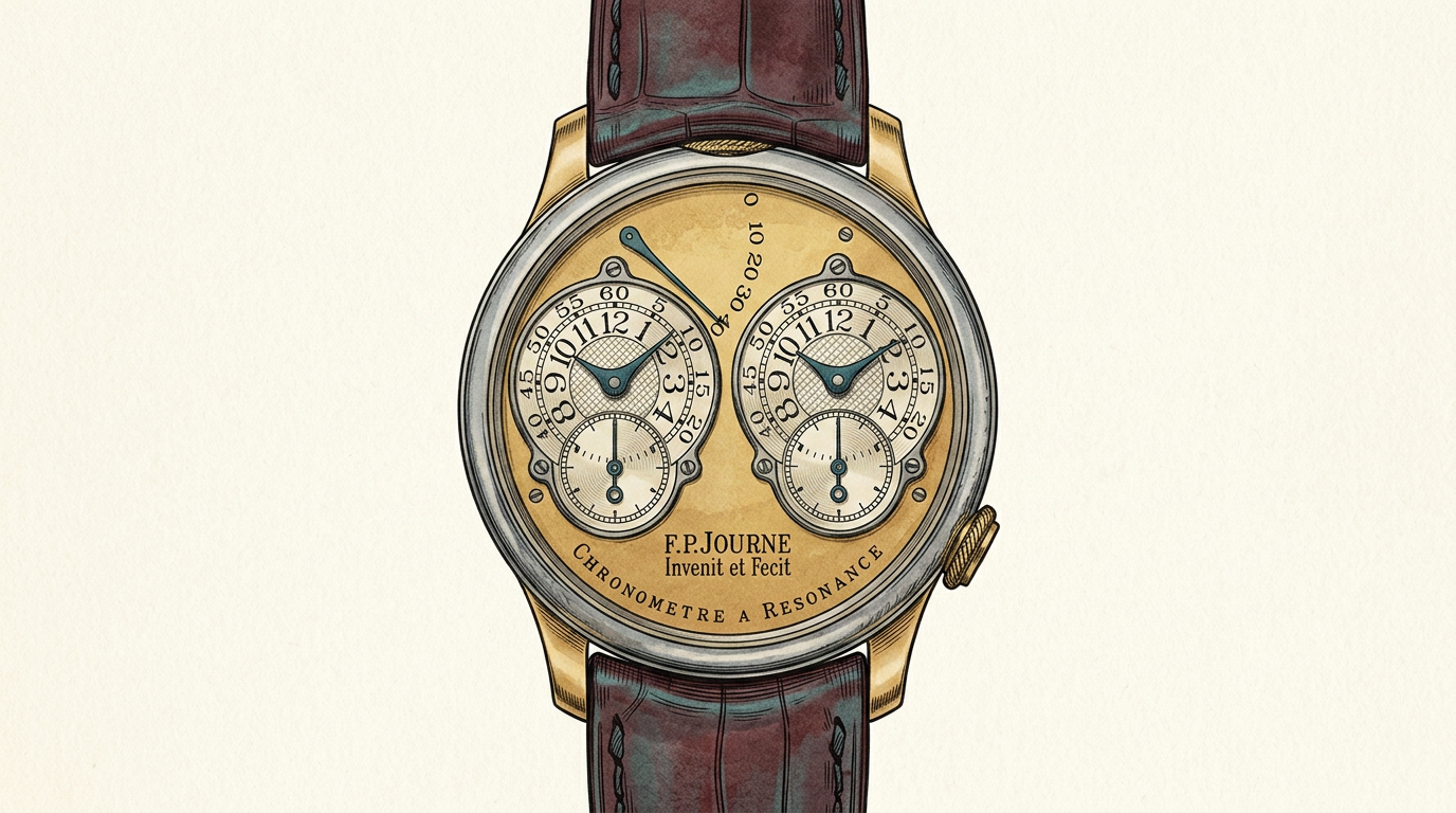 Pricing Culture Studio illustration of the F.P. Journe Chronometre a Resonance Souscription No. 007, the twin-dial watch that set a world auction record for an independent watchmaker.