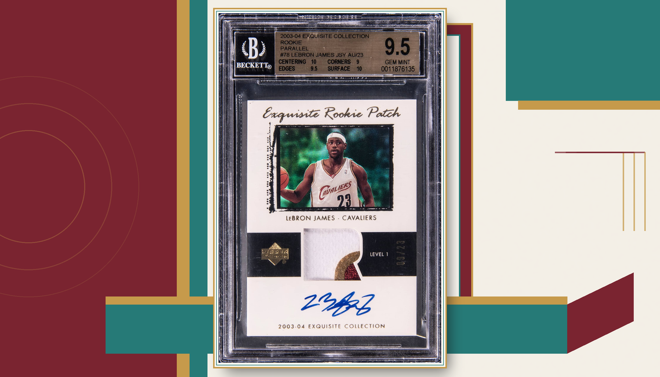 Pricing Culture Studio illustration of the 2003-04 Upper Deck Exquisite Collection LeBron James rookie patch autograph card numbered 09 of 23 in its Beckett holder.