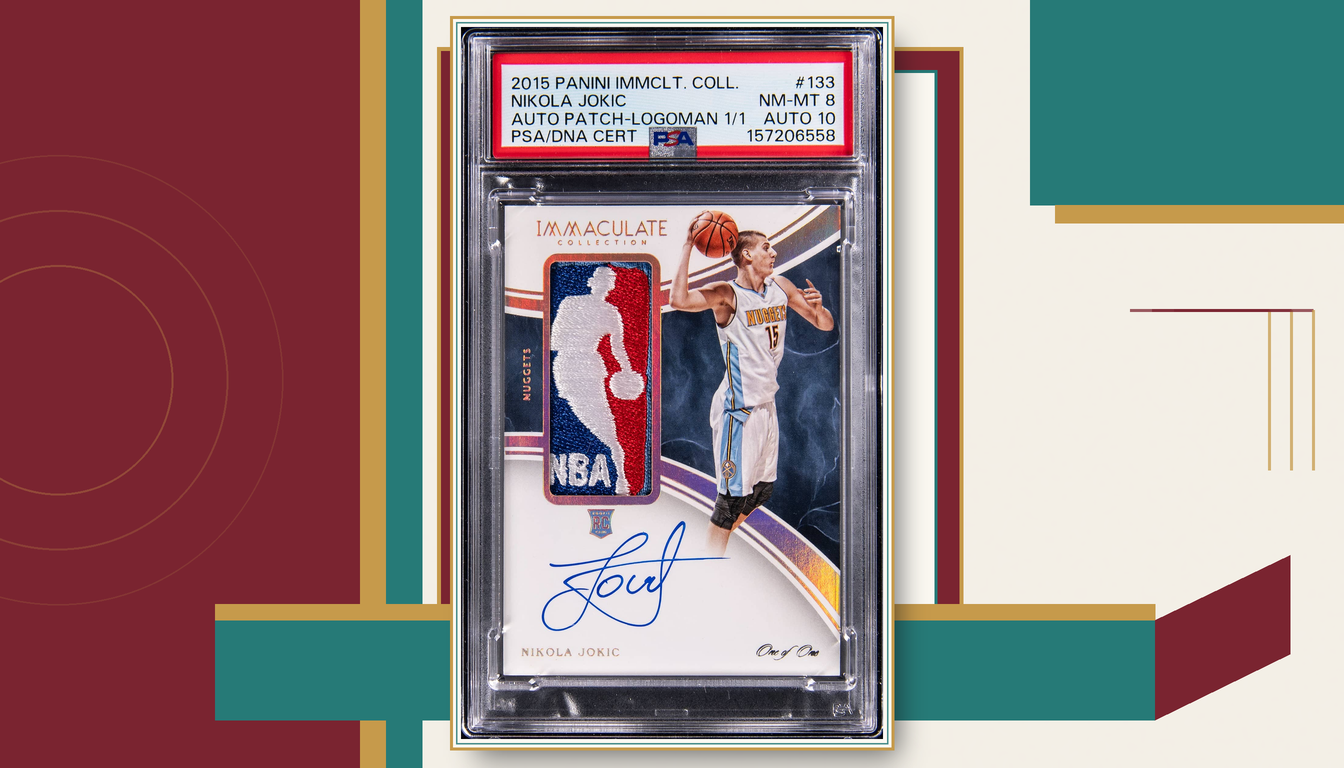 Pricing Culture Studio illustration of the 1-of-1 Nikola Jokic Logoman rookie patch autograph card in its Beckett holder.