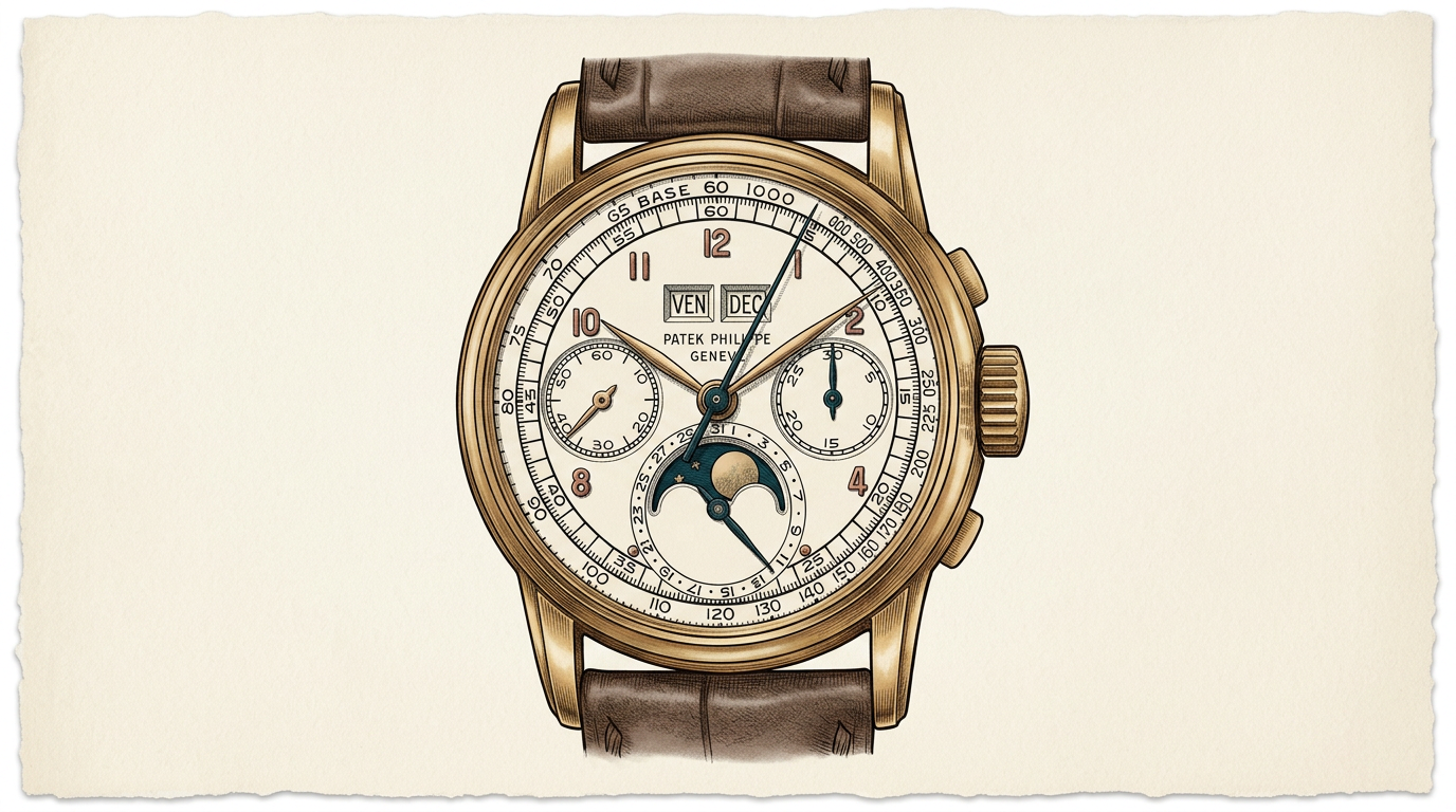 Pricing Culture Studio illustration of the Patek Philippe Ref. 2499 First Series pink gold wristwatch, dial-forward, based on its Phillips auction lot photograph.