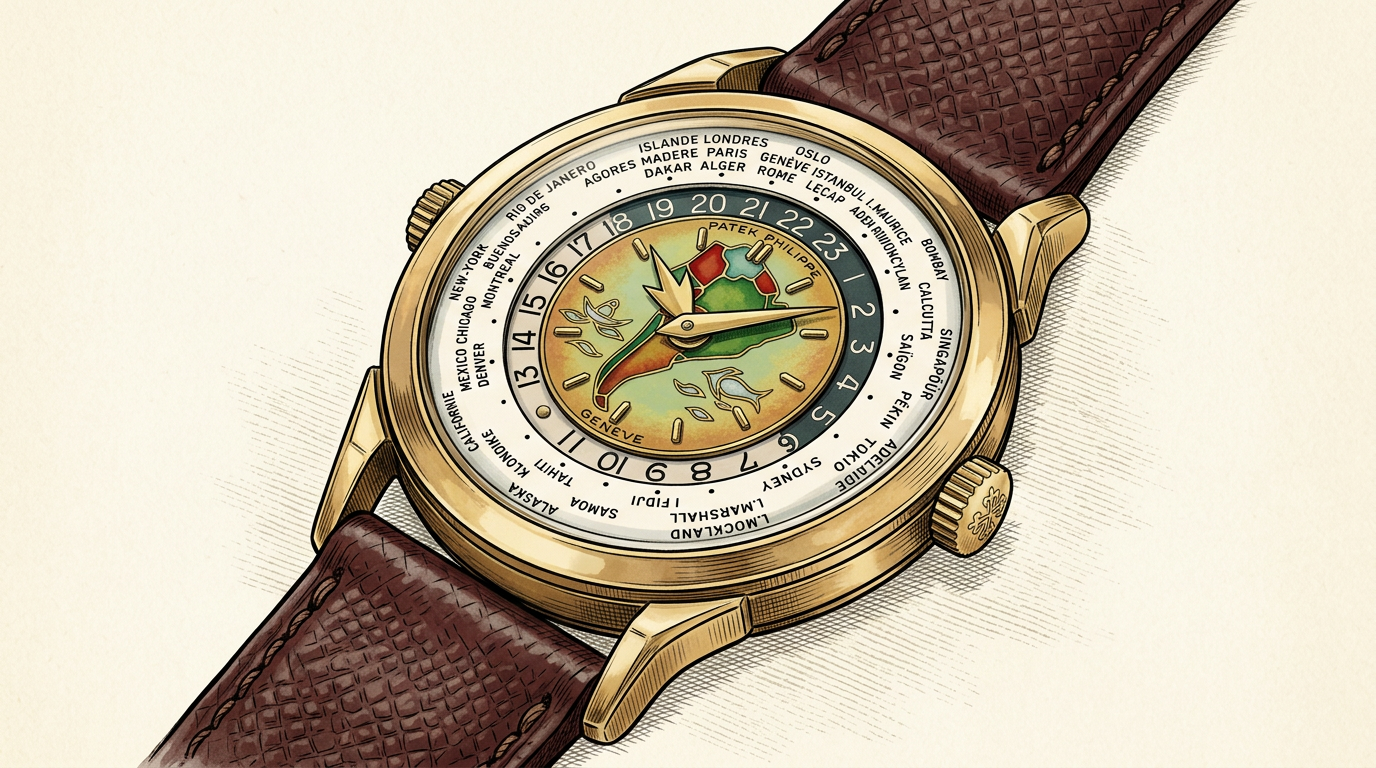 Pricing Culture Studio rendering of the Patek Philippe Ref. 2523 "South America" world-time wristwatch