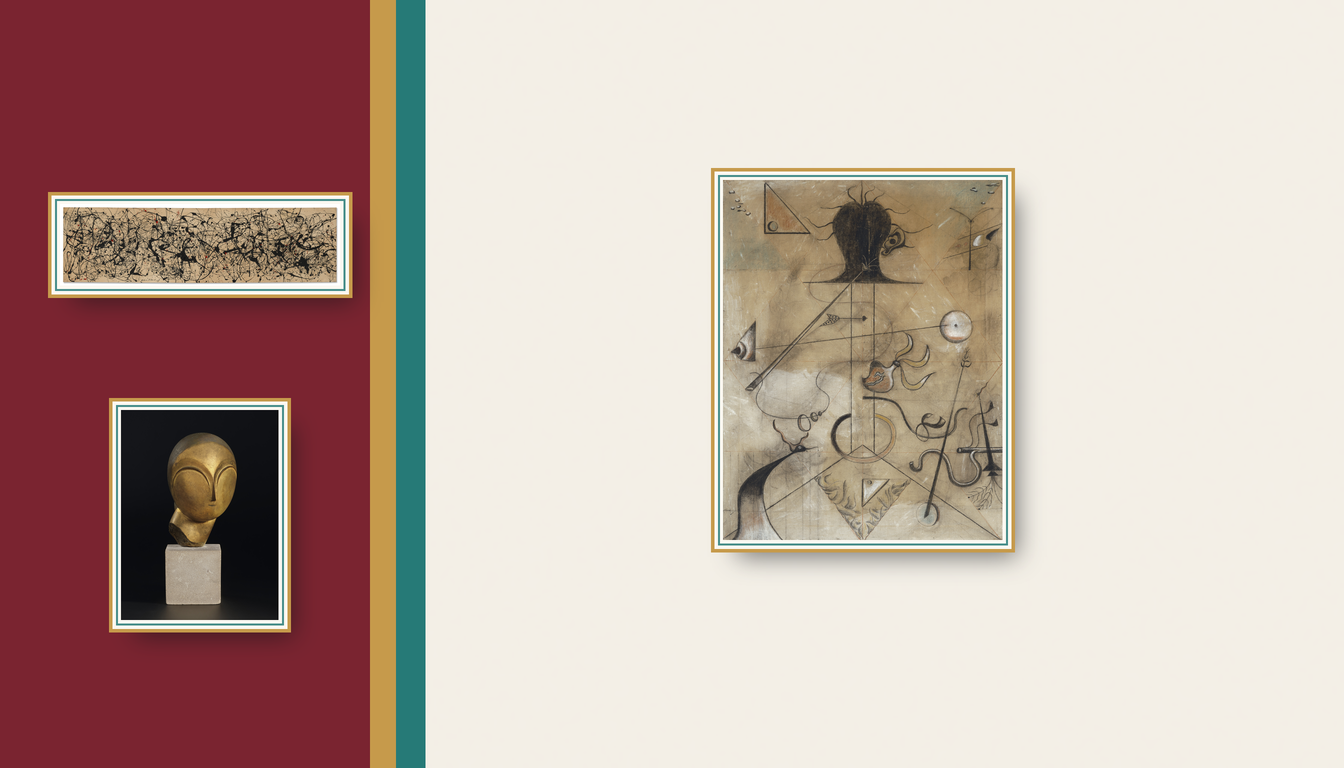 Pricing Culture Studio composition of Jackson Pollock's Number 7A, Constantin Brancusi's Danaïde, and Joan Miró's Portrait de Madame K. from the S.I. Newhouse collection.