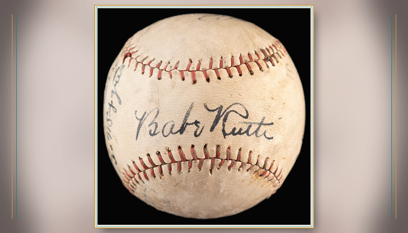 Pricing Culture Studio illustration of the Babe Ruth and Lou Gehrig dual-signed baseball.